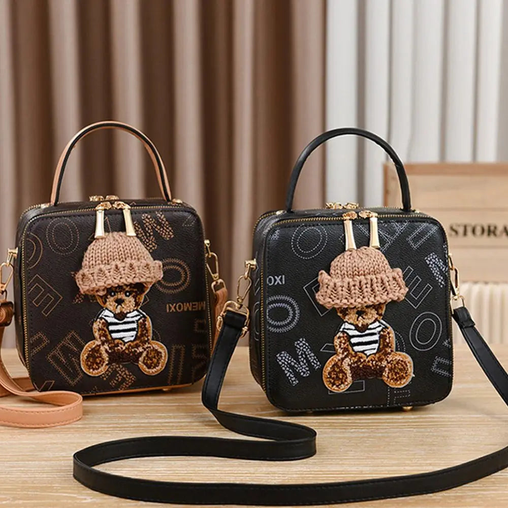 PU Leather Shoulder Bags | Fashion Simple Cute Cartoon Bear Crossbody Bag & Messenger Bag (Women's Small Square Handbags) Luxegan