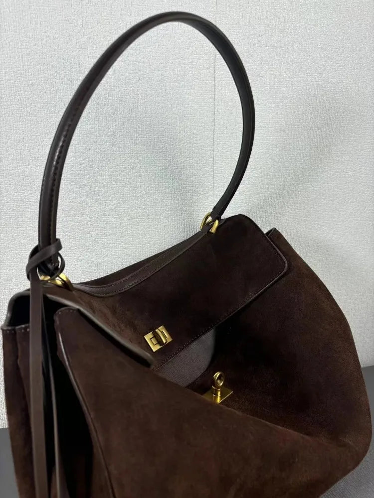 Chic Suede Leather Satchel | Soft Designer Shoulder Handbag Luxegan