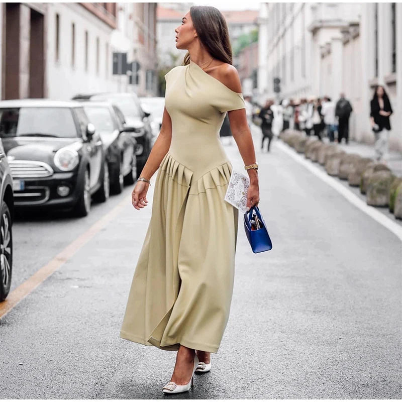 Women's Elegant Skew Collar Long Dress | Casual Summer Loose Fit Asymmetrical Midi Gown | Ruched Sleeveless Fit and Flare Robe | Premium Empire Waist Solid Dress Model Sexy Dress Women Luxegan