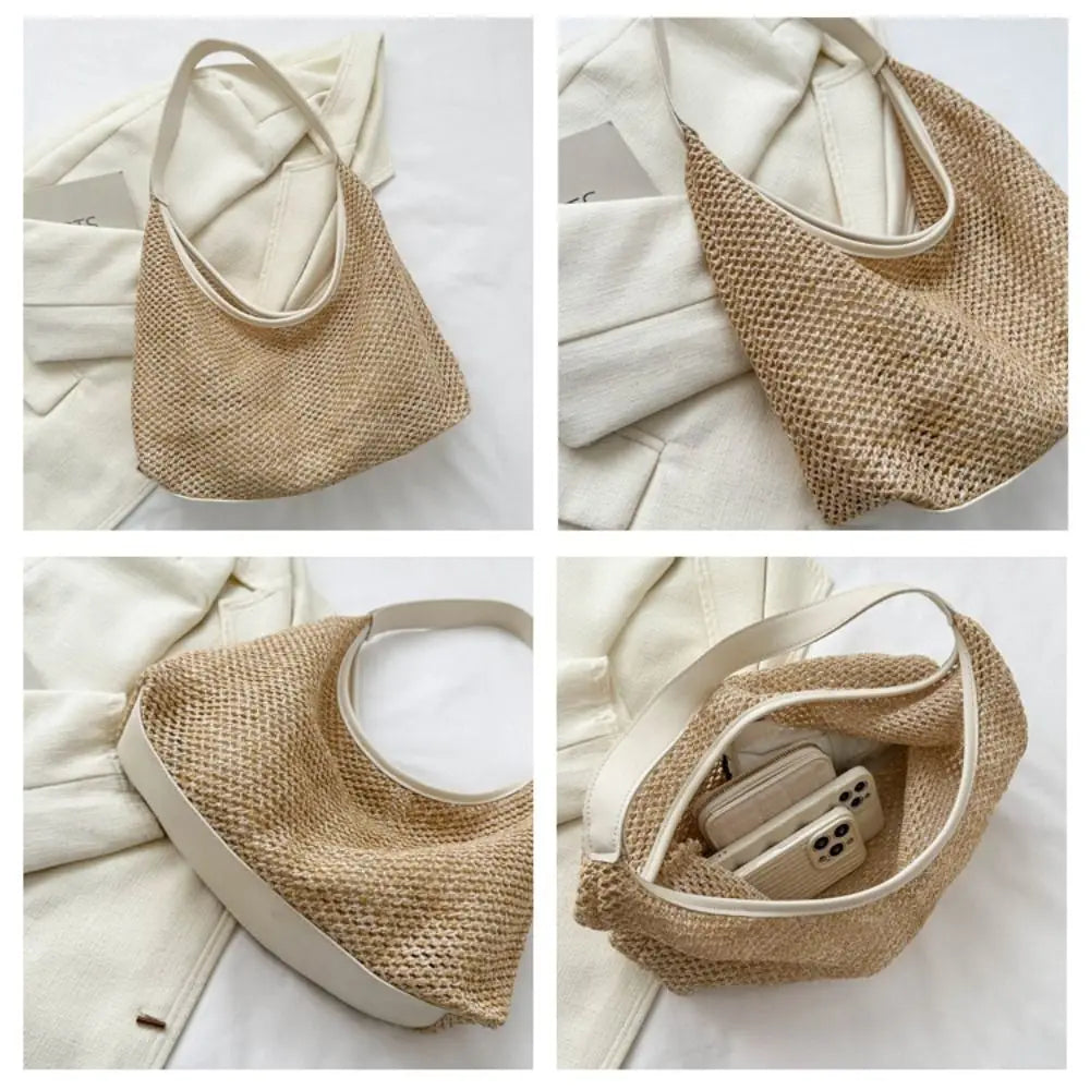 Casual Woven Straw Bucket Bag | Large Capacity Underarm Shoulder Bag | Women’s Fashion Solid Color Tote | Minimalist Summer Weave Handbag Luxegan