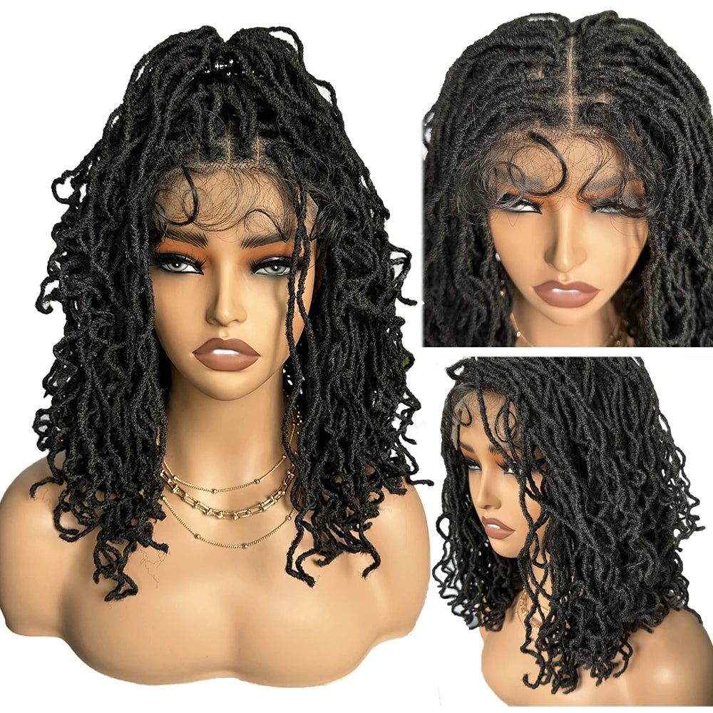 Synthetic 4x4 Lace Front Braid Wig 14inch Curly Faux Locs Dark Burgundy Large Parting Space Twist Dreadlock Wigs for Black Women Luxegan