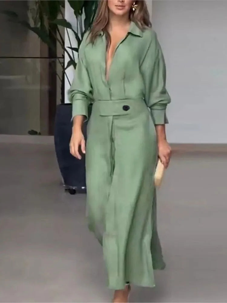 Women's Dress Autumn New Fashion Elegant Long Sleeve Leisure Solid Color V Neck Sexy Ladies Shirt Dresses Commuting Streetwear