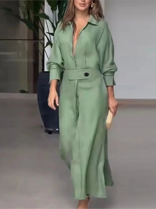 Women's Dress Autumn New Fashion Elegant Long Sleeve Leisure Solid Color V Neck Sexy Ladies Shirt Dresses Commuting Streetwear