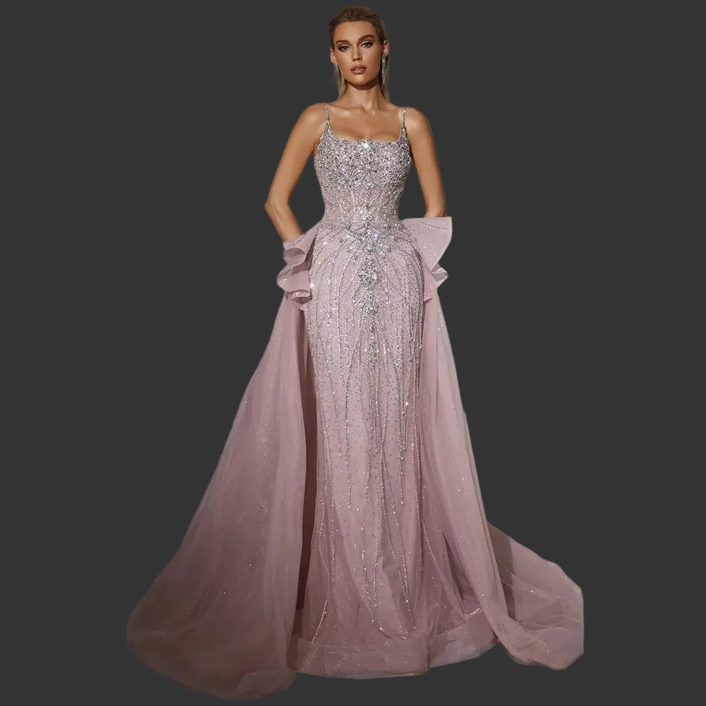 Luxury Beaded Mermaid Evening Dress with Detachable Overlay | Spaghetti-Strap Sweetheart Prom Gown | Crystal Sequined Floor-Length Formal Wedding Party Dress Luxegan