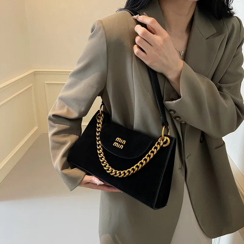 Classic Handbag Letter Design Shoulder Bag with Metallic Chain | Square Bag, Women's Suede Messenger & Winter Wedding Bag Luxegan