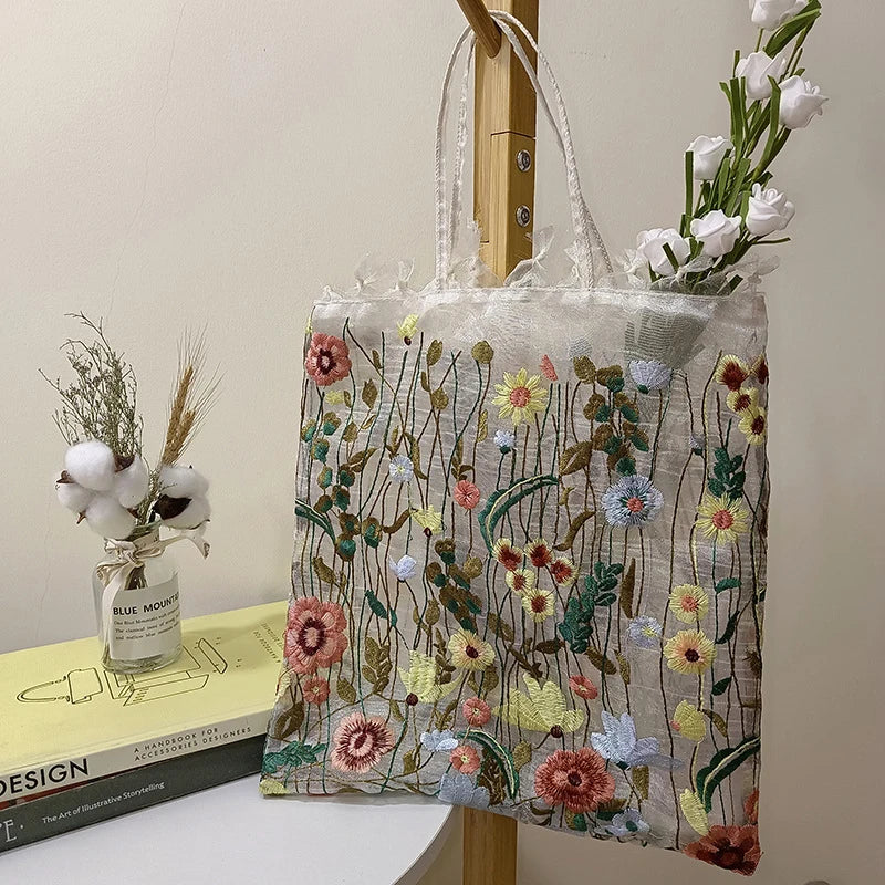 Hot Selling European And American Fashion Bag | New Mesh Full Hand Embroidered Flower Shoulder Bag & Lace Tote Luxegan