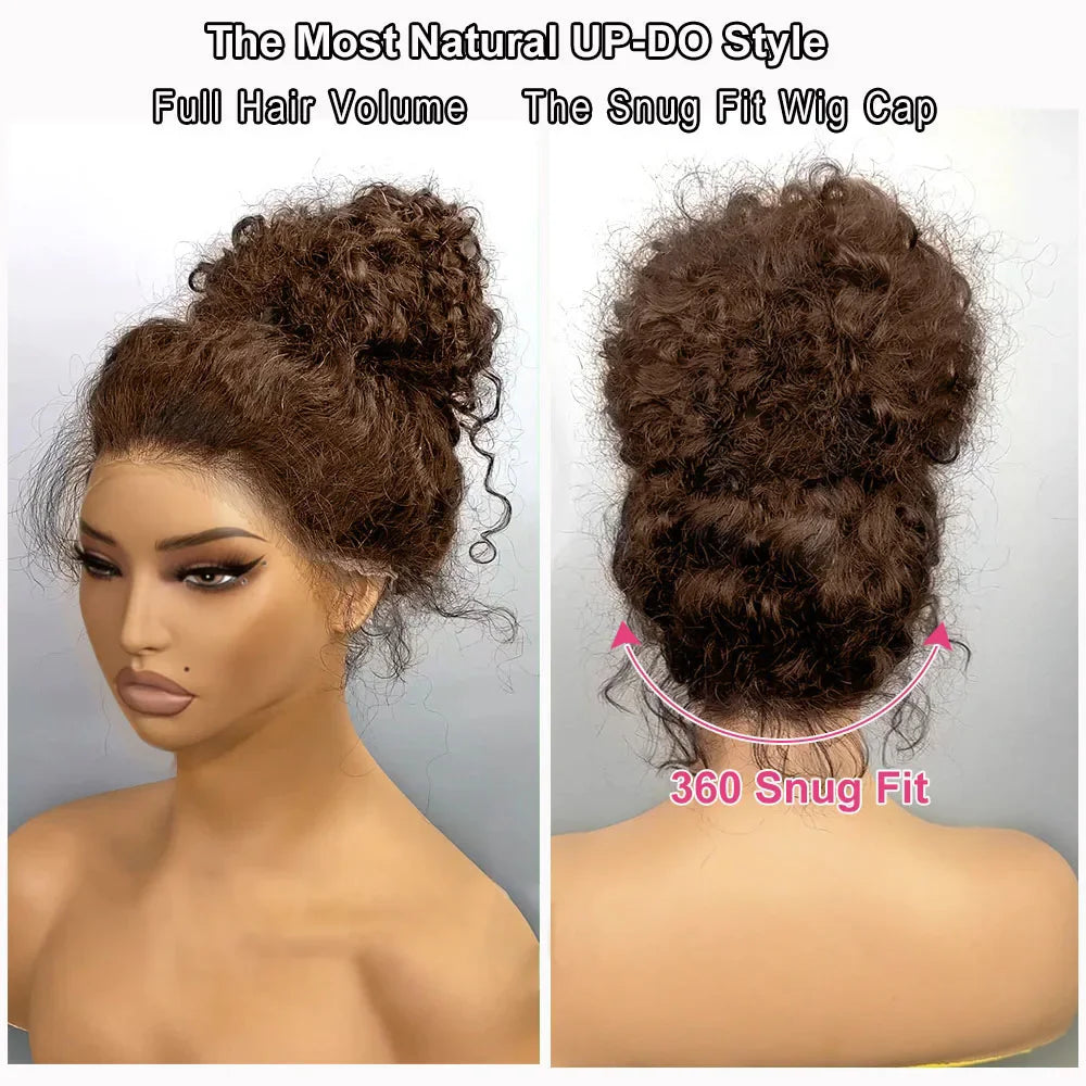 Invisi-Strap 360 Full Lace Wig | Sophisticated "Chocolate Brown" Deep Curly Silhouette | Elegant 250% Density HD Lace Hairpiece | "Dignified" Honey Blonde Highlights Brazilian Human Hair Wig for Radiant Versatile Styling Luxegan