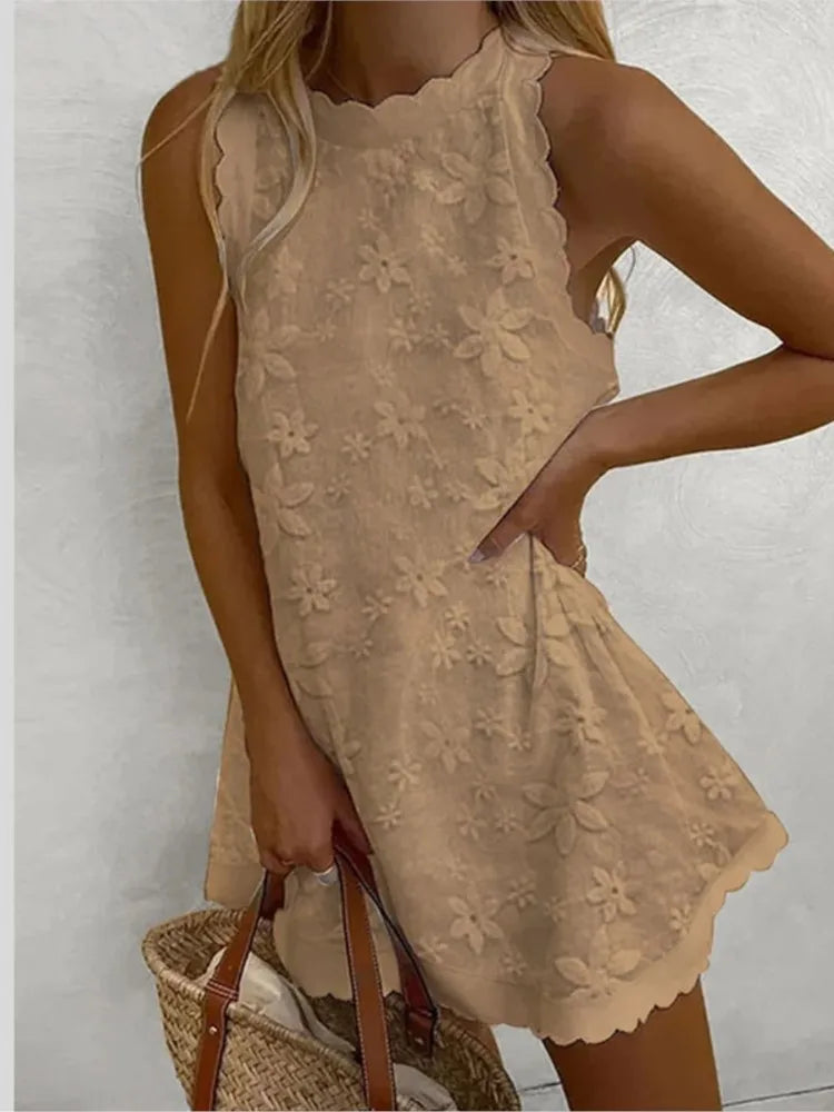 Crochet Hollow-Out Sleeveless Loose A-Line Mini Dress – Mock Neck, Solid, Summer Luxegan