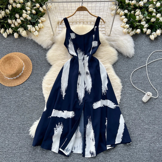 Women's Elegant Summer Print Midi Sundress | Sweet O-Neck Backless Vacation Beach Dress | High Waist Split Regular Fit Camisole Gown | Premium Tatting A-Line Spaghetti Strap Luxegan