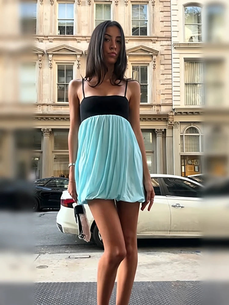 Solid Spaghetti Strap Camisole Single-Breasted Slim Fit A-Line Mini Dress – Natural Waist, Summer Luxegan