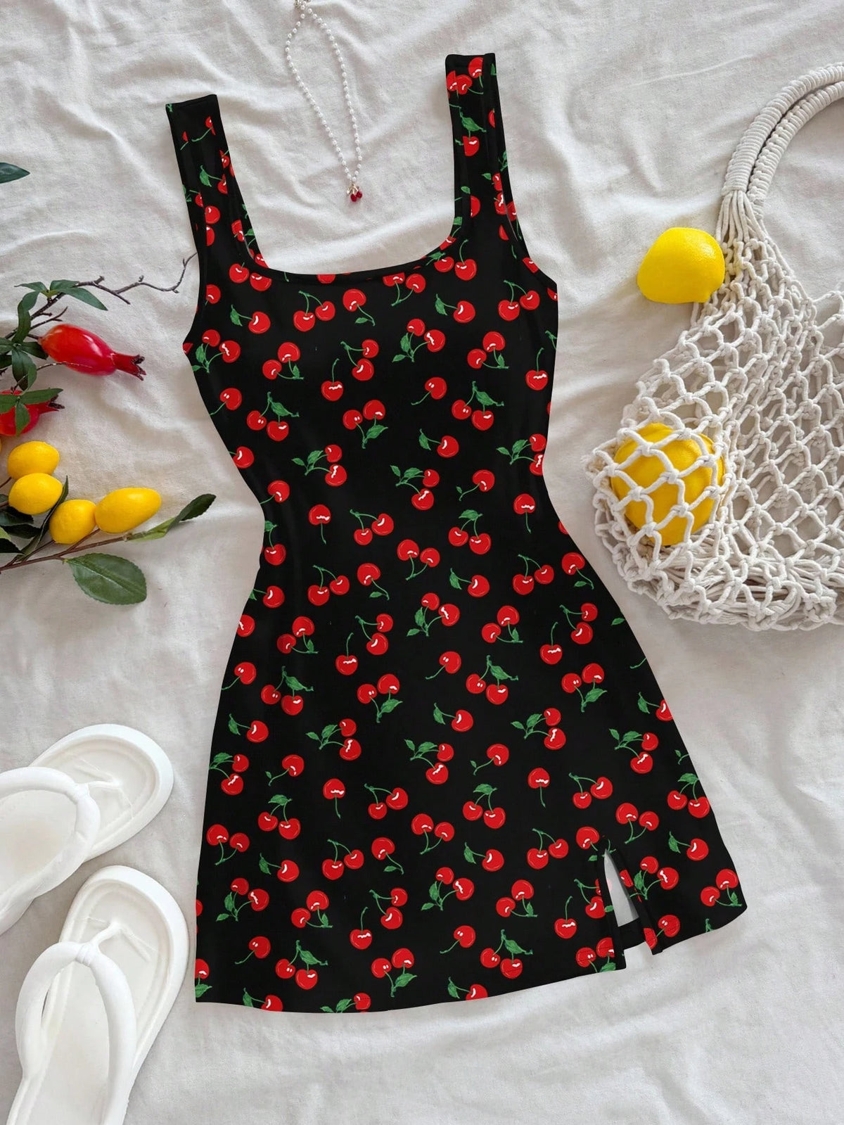 Cherry Print Square Neck Sleeveless Slim Fit Sheath Mini Dress – Spring/Summer Luxegan