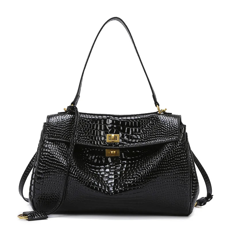 PU Crocodile Pattern Satchel | Soft Vintage Lock Commuter Bag Luxegan