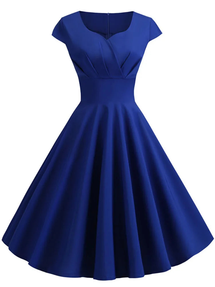 Women's Hepburn Vintage Rockabilly Pin-Up Dress | Elegant Retro Casual Party Midi Dress | Classic V-Neck Short Sleeve Sundress | Premium Tatting Slight Stretch Slim Fit A-Line Vestido Model WQ1307 Luxegan