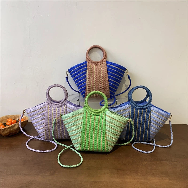 Large Capacity Straw Braid Handbag | Fashion Color-Matching Striped Shoulder Bag | Designer Style Casual Tote & Versatile Summer Beach Bag for Women Luxegan