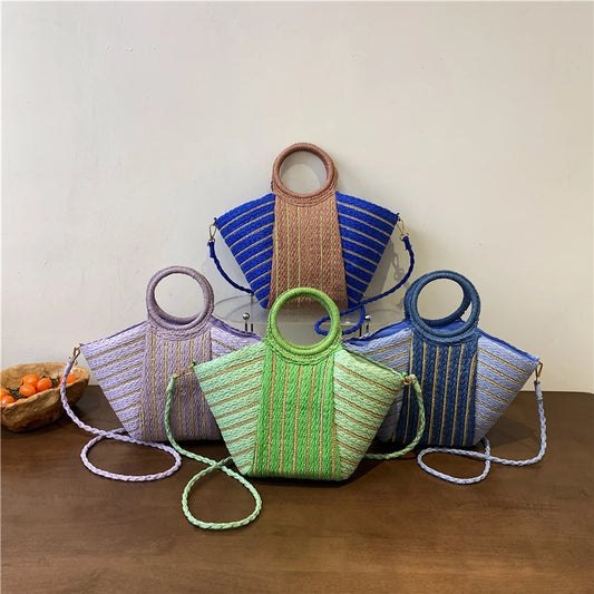 Large Capacity Straw Braid Handbag | Fashion Color-Matching Striped Shoulder Bag | Designer Style Casual Tote & Versatile Summer Beach Bag for Women Luxegan