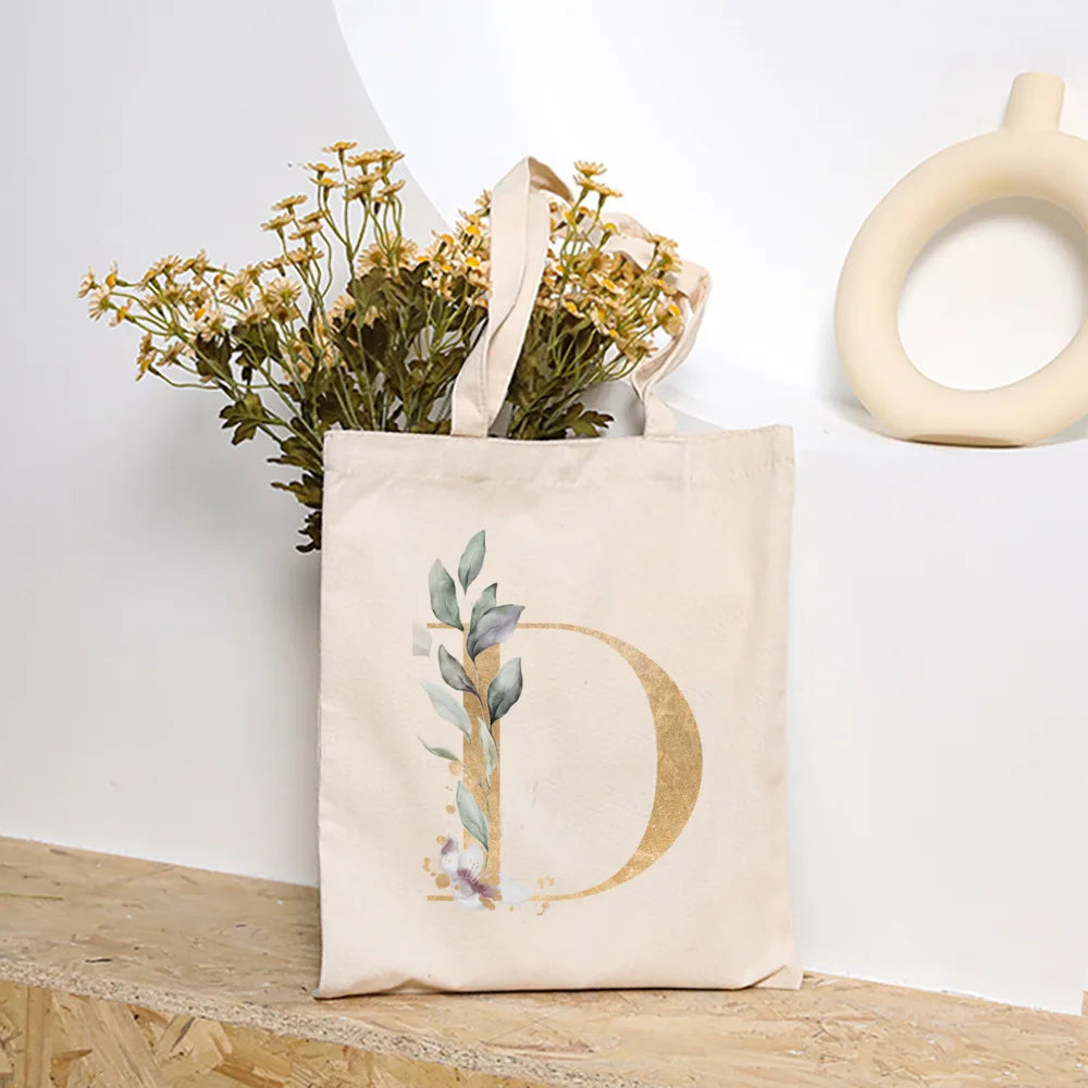 Leaves Plant Initial Print Canvas Tote Bag | Reusable Summer Beach & Shopping Handbag with Hasp Closure Luxegan