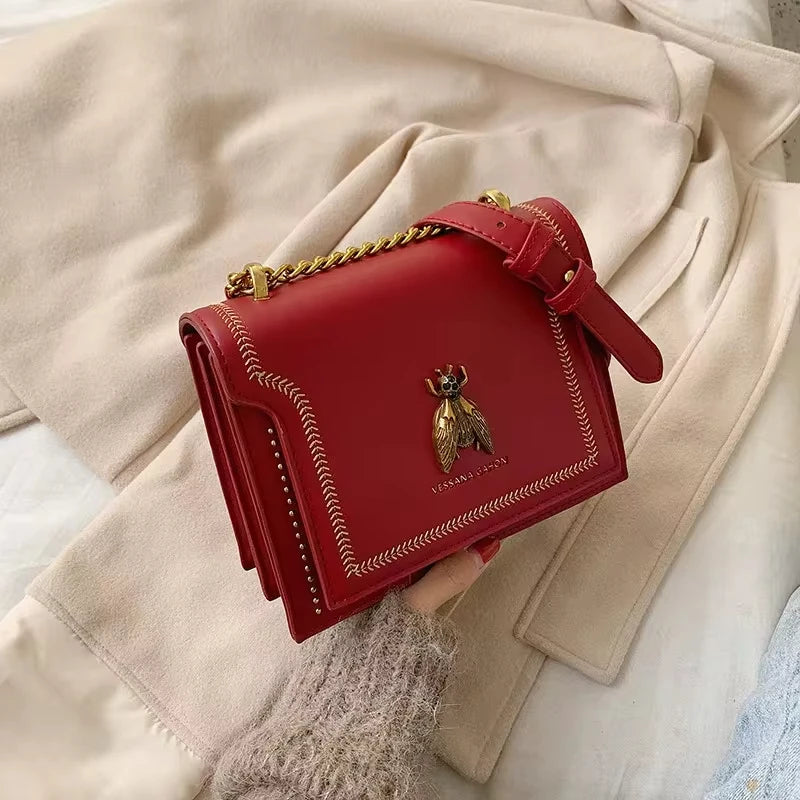 High-Quality Genuine Leather Square Handbag | Luxury Retro Bee Designer Crossbody Bag Luxegan
