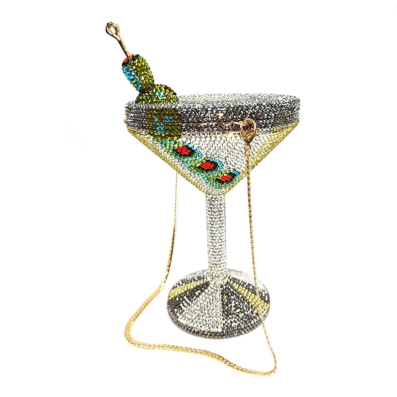 Stunning Rhinestone Martini Glass Purse | Sophisticated Luxury Crystal Olive Cocktail Bag | Elegant Bridal & Evening Party Clutch | "Dignified" Hard-Shell Metallic Minaudière for High-Fashion Styling Luxegan