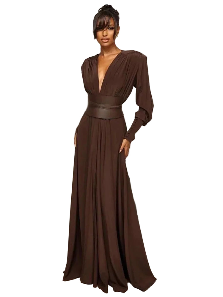 Solid V-Neck Full-Length Sleeve Sash Belt Slim Fit A-Line Ankle-Length Dress – Knitted Cotton-Polyester, Empire Waist, Summer Luxegan