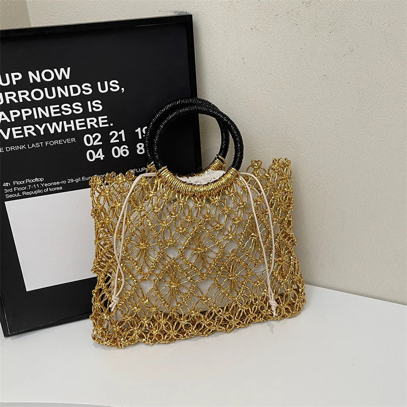 Handmade Woven Round Handle Handbag | Eco-Friendly Craft Paper Luxury Designer Bag | Hollow-Out Metallic Golden & Silver Top-Handle Tote | Sustainable Fashion Composite Bag Luxegan