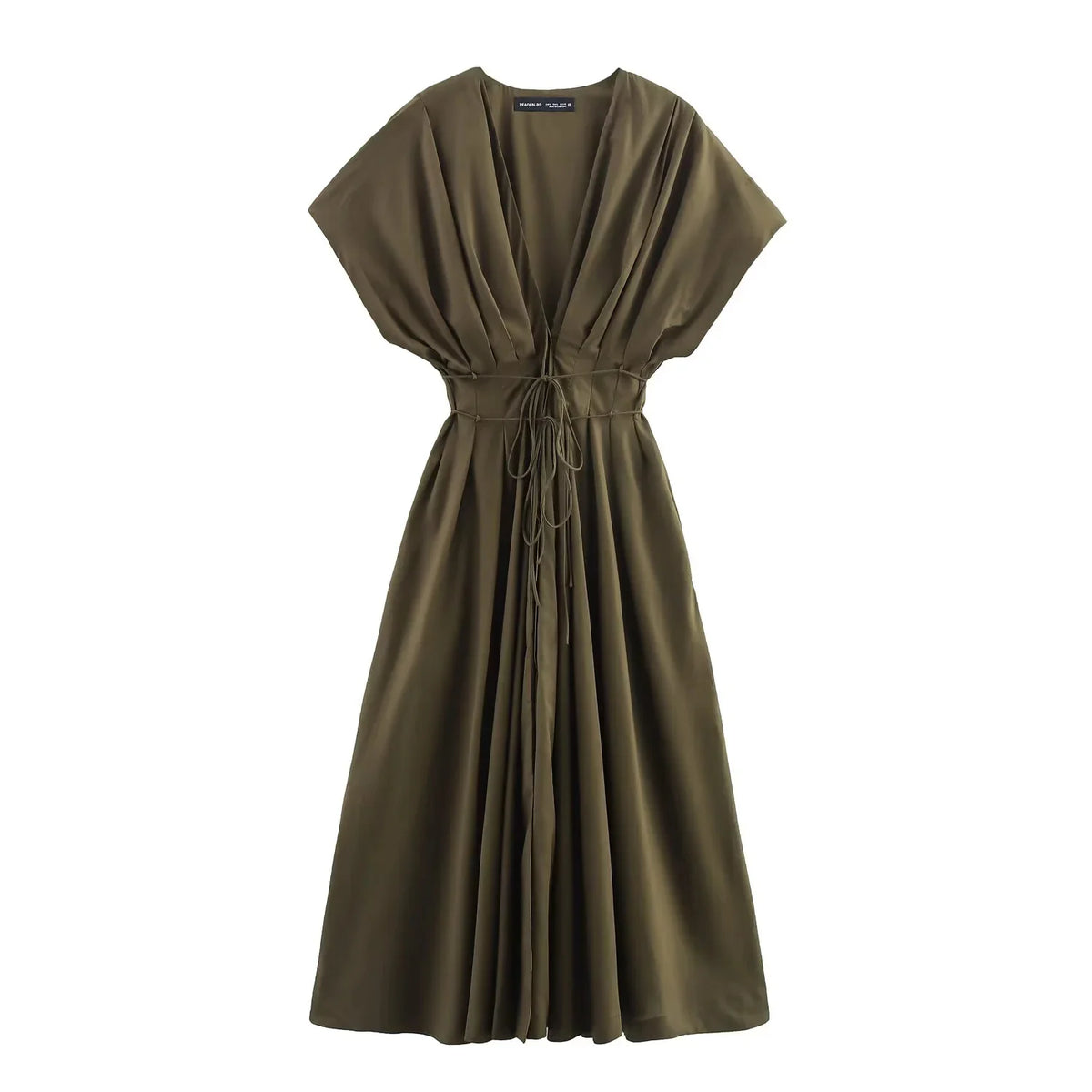 Draped V-Neck Sleeveless A-Line Midi Dress – Loose Fit, Empire Waist, Spring/Summer Luxegan