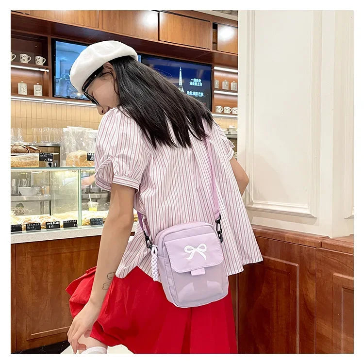 Women’s Fashion Bow Shoulder Bag | Trendy Adjustable Strap Crossbody | Fresh & Sweet Nylon Daily Messenger Bag & Hobo Sling Luxegan