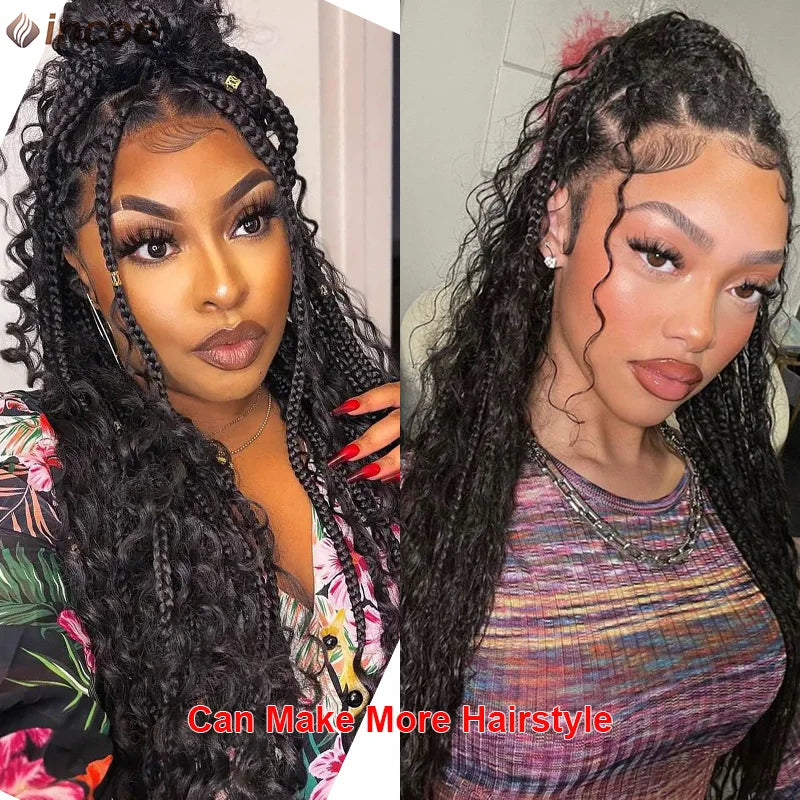 Long 32 Boho Braided Full Lace Front Wigs Synthetic Blonde Curly Goddess Locs Cornrows Wigs Pre Plucked Baby Hair Box Braids Wig Luxegan