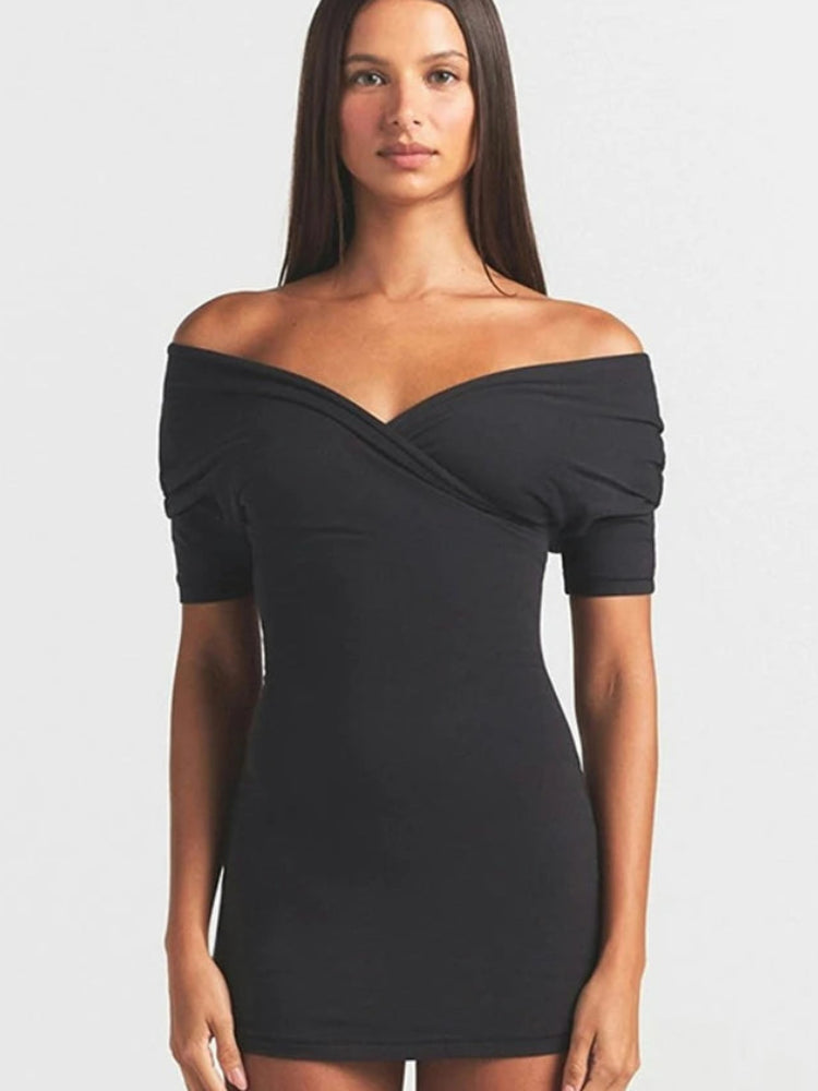 Solid V-Neck Short Sleeve Slim Sheath Mini Dress – Knit Polyester, Empire Waist, Summer Luxegan