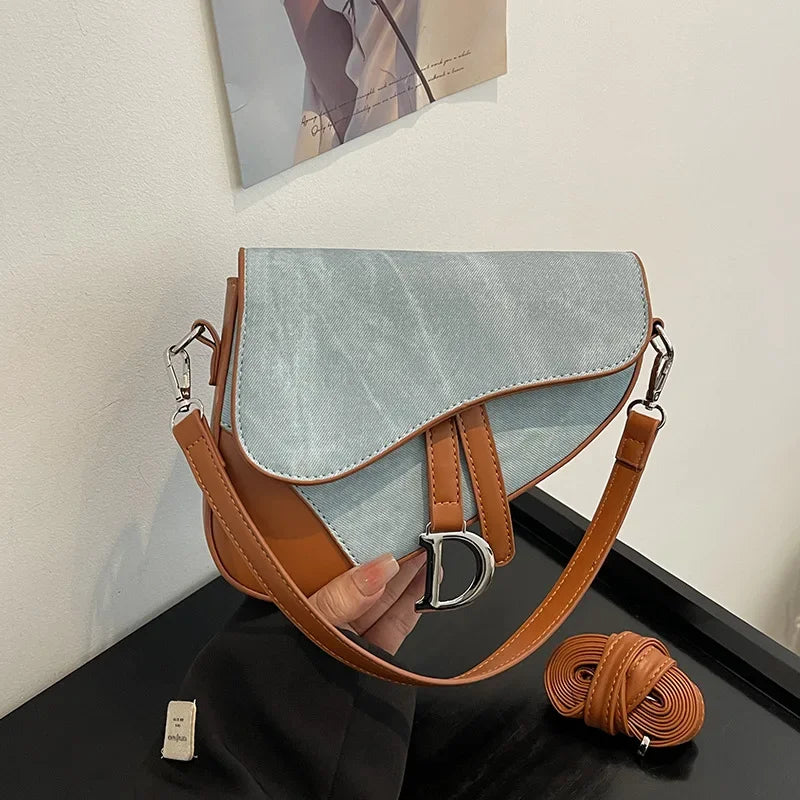 Denim-Look Contrast Saddle Bag | Fashionable Box Messenger Purse Luxegan