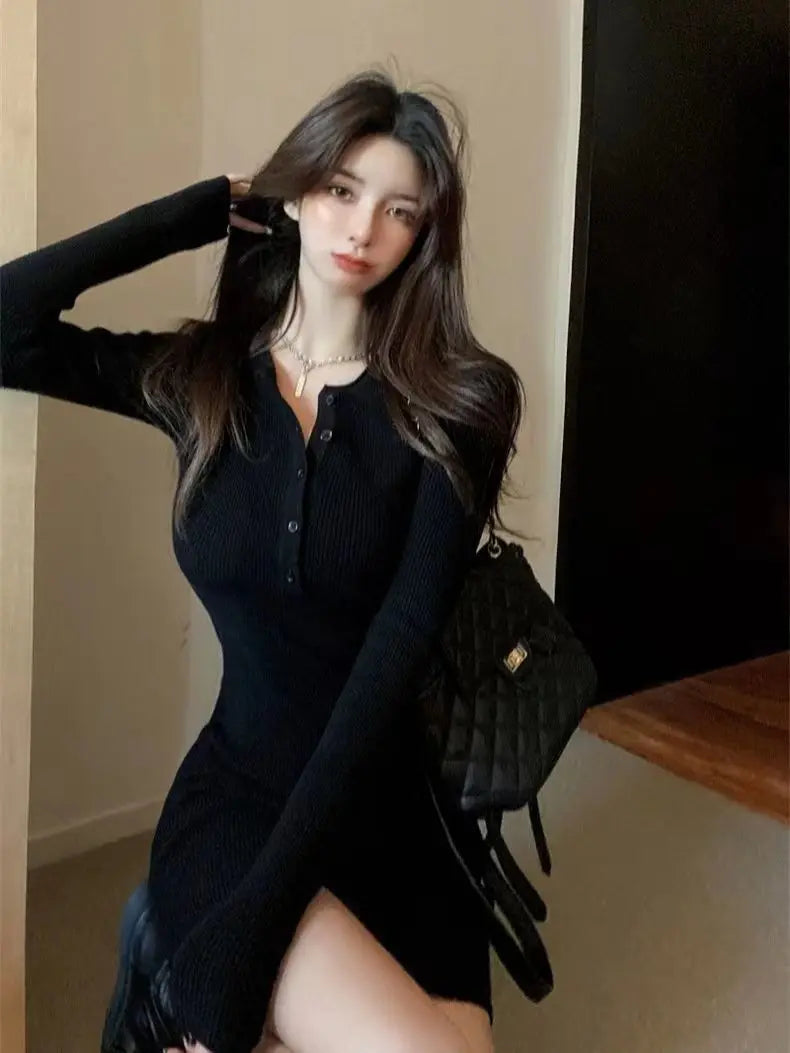 V-Neck Knit Bodycon Mini Dress | Long Sleeve Elastic Waist Slim Club Dress Luxegan
