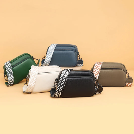 Genuine Leather Wide Strap Shoulder Bag | Solid Color Crossbody & Phone Bag Luxegan