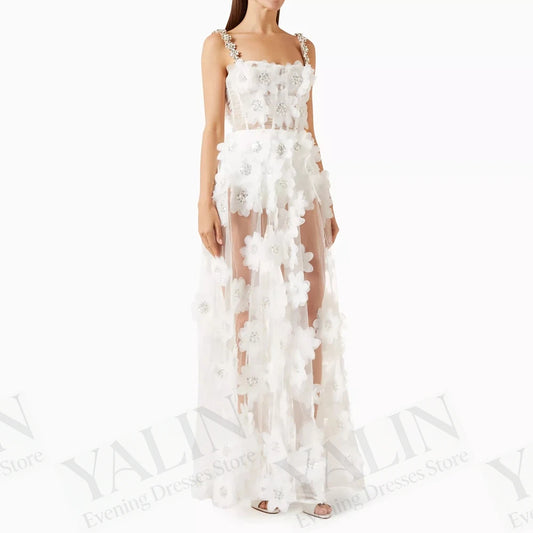 Floral Crystal A-Line Prom Dress | Spaghetti Strap Sleeveless Ankle-Length Gown Luxegan
