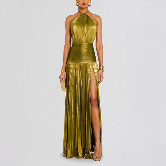 Off-the-Shoulder Halter Draped Slit Evening Gown | Corset-Style Party Dress Luxegan