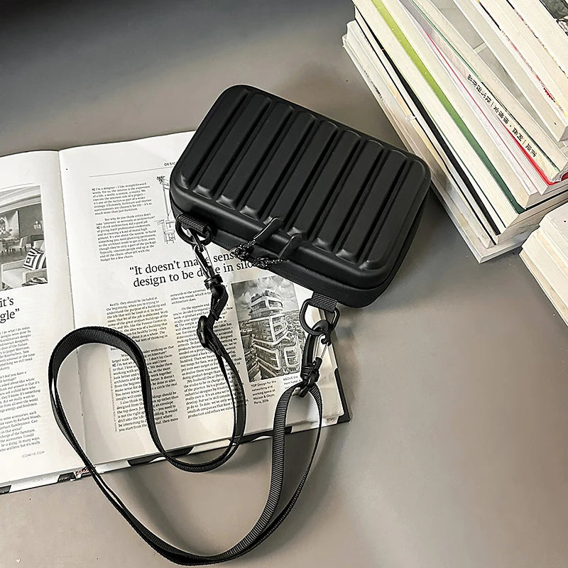 Unisex Army Green Mini Box Crossbody | Casual Leisure Shoulder Sling Bag | Durable PVC Solid Color Handbag with Striped Texture & Zipper Closure Luxegan