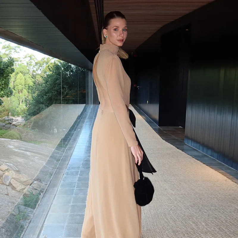 Elegant High-Neck Cutout Maxi Dress | Sheer Chiffon Long-Sleeve Evening Gown | Bow-Accented Floor-Length Summer Formal Party Dress Luxegan