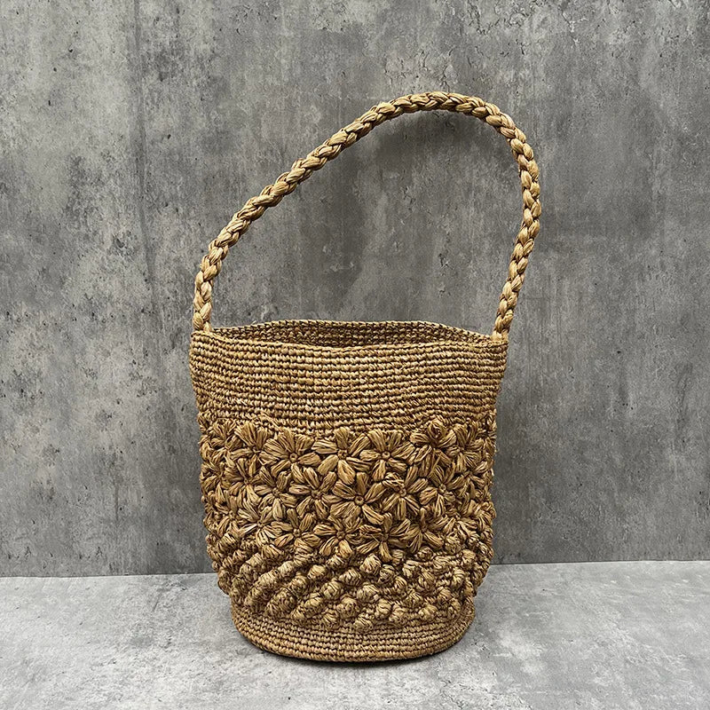 Bohemian Raffia Beach Bags for Women Bucket Bag Luxury Flower Straw Bag | Women Handbag Handmade Travel Rattan Shoulder Bags Tote Luxegan