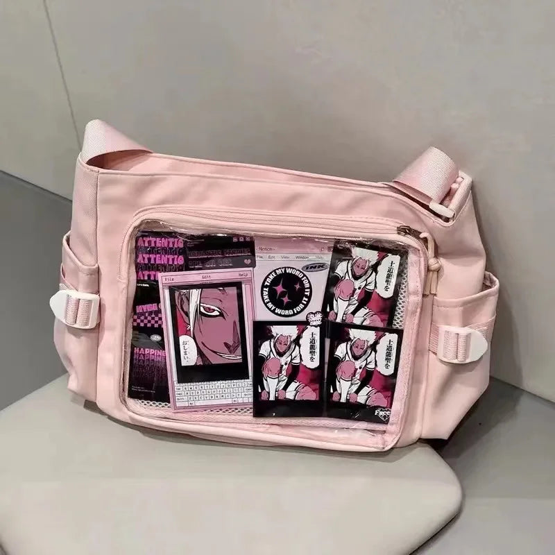 New Japan Style Transparent Display Shoulder Bag | Anime Expo DIY Decoration Crossbody | Casual Nylon Ita Bag Tote | Versatile Women's Postcard Display Messenger Bag Luxegan
