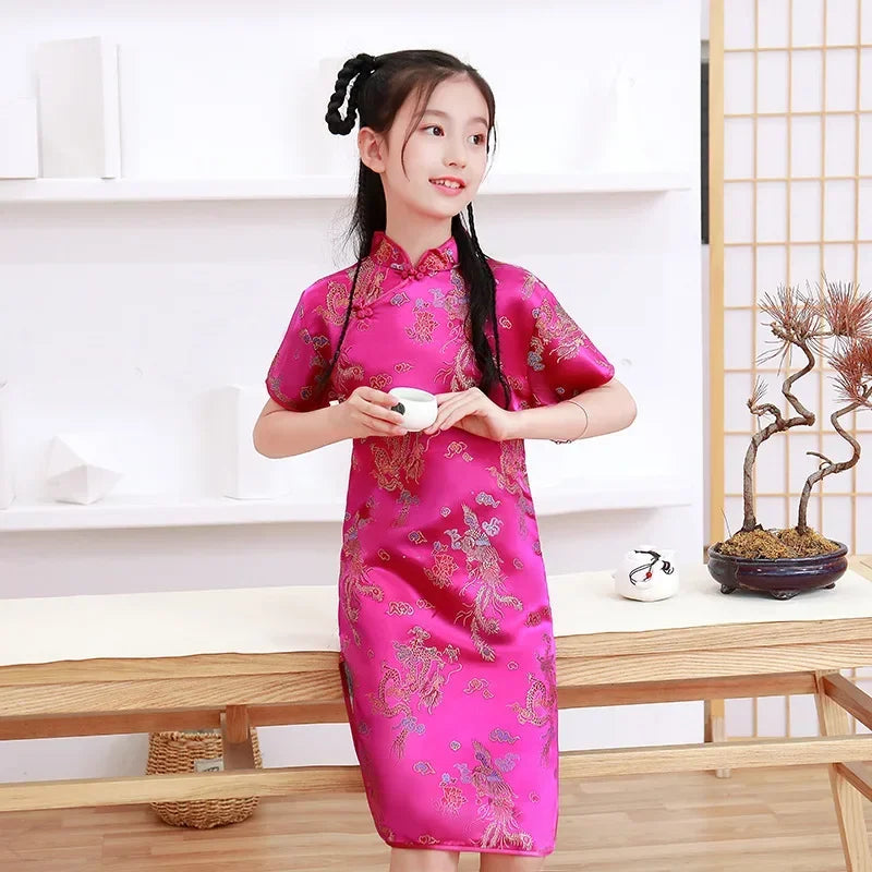 Modern Cheongsam Dress for Girls | Summer Casual Chinese Style Qipao Costume | Short-Sleeve Knee-Length Straight Silhouette Dress for Kids Luxegan