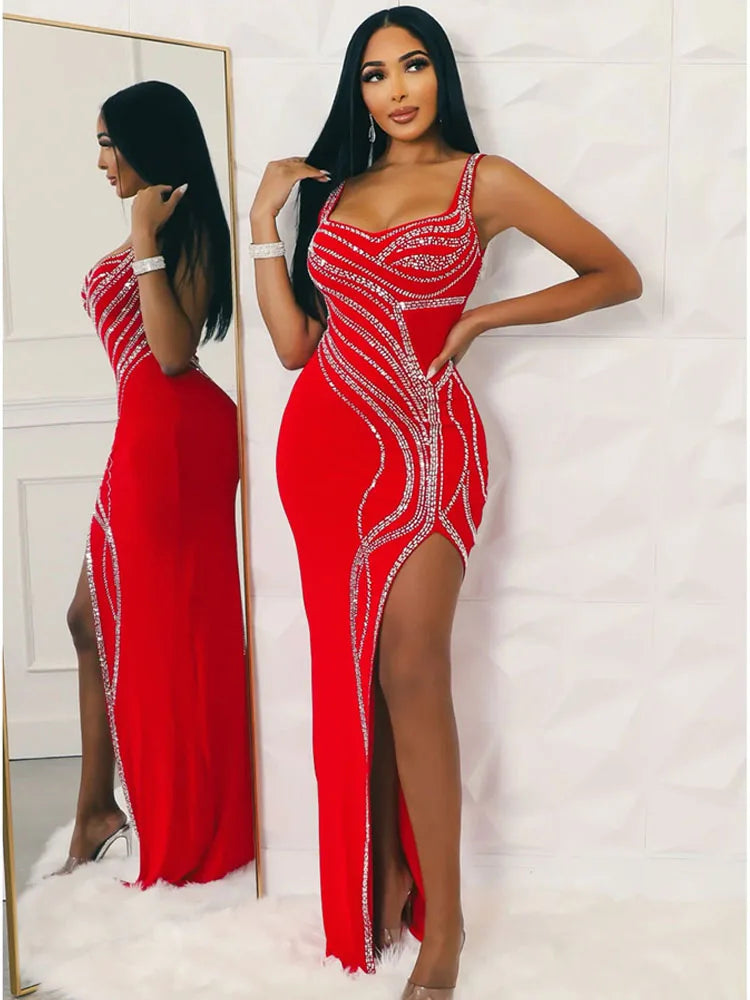 Rhinestone Patchwork V-Neck Tank Sleeveless Slim Sheath Floor-Length Club Occasion Dress – Polyester-Elastane, Empire Waist, Summer Luxegan