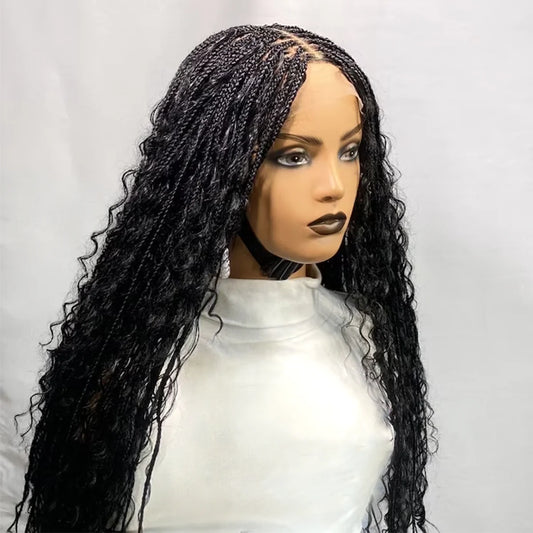 Bohemian Knotless Braids Full Lace Wig - 28"-30" Curly Braided Wig for Black Women (Natural Black)