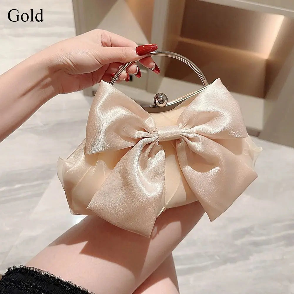 Rhinestone-Adorned Bowknot Evening Clutch | Sophisticated Glitter Party Handbag | Elegant Gold/Silver Bow Chain Purse | "Dignified" Soft Statement Accessory for Formal Occasions Luxegan