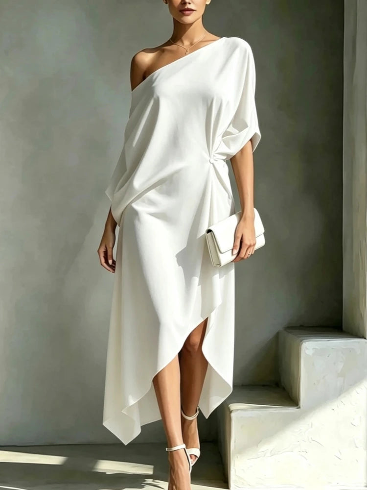 Asymmetric Collar Batwing Sleeve Maxi Dress Luxegan