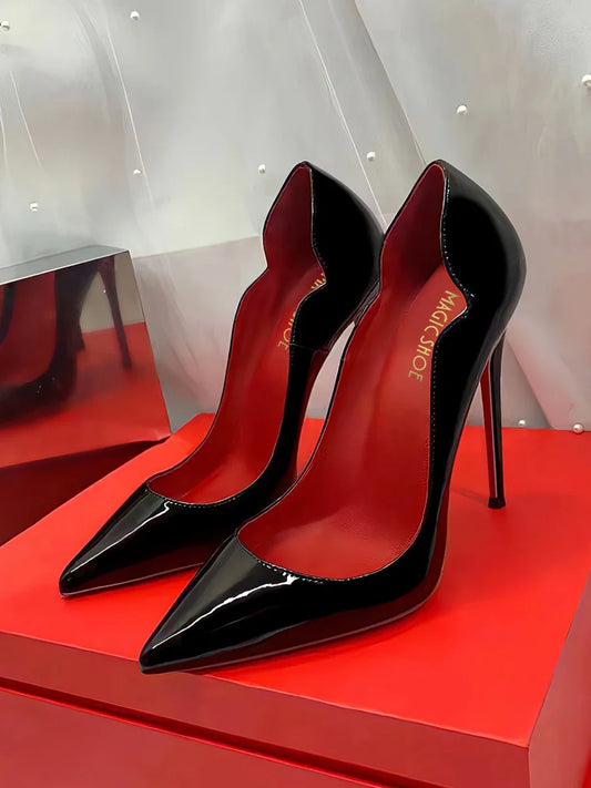 New Spring/Summer 12cm Ultra Shallow Stiletto | Sophisticated Black Red-Bottom High Heels | Elegant "Handmade Patent Leather" Silhouette | "Dignified" Sexy Pointed Single Shoes for Radiant Versatile Styling Luxegan