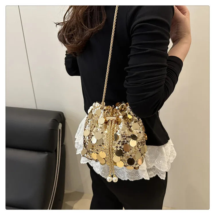 Sequin Chain Women's Portable Bucket Shoulder Bags | Retro Ladies Dinner Party Clutch Purse Luxury Design Female Crossbody Bag Luxegan