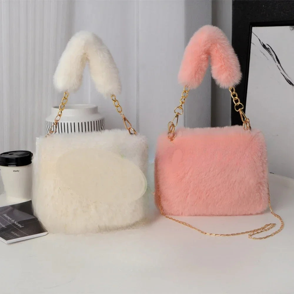 Fashion Women's Fluffy Shoulder Bag | Female Winter Chain Underarm Bag & Soft Plush Handle Handbag (Solid Color) Luxegan