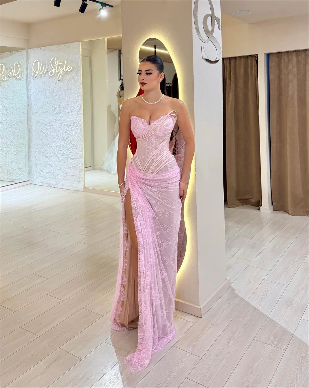 Cathy Customized Pink Floral Lace Mermaid Prom Dress Side High Slit Sleeveless vestidos de noiva Floor-length Evening Dresses