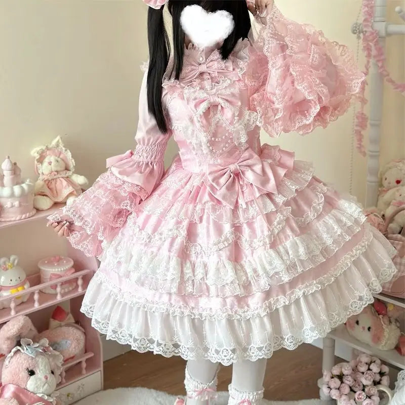Women's Victorian Sweet Lolita Princess Dress | Kawaii Cute Lace Ruffle Flower Wedding Gown | Japanese Retro Elegant Bow Mini Dress | Premium Tatting Full Sleeve All Season Vestido Model LY014D5368 Luxegan