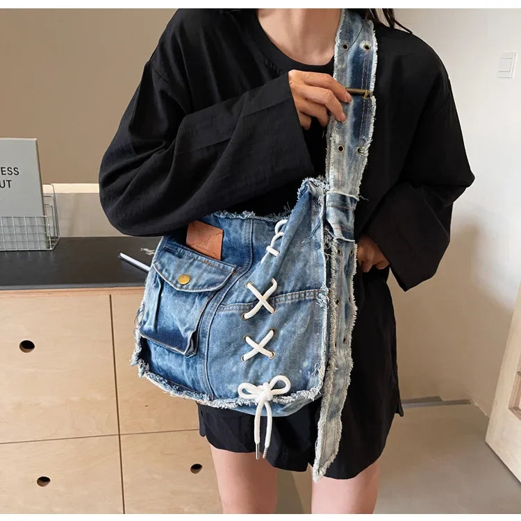 Washed Denim Shoulder Bag for Women Handbags | Large Capacity Female Messenger Bags | Soft Jeans Casual Big Totes Shopping Bag Luxegan