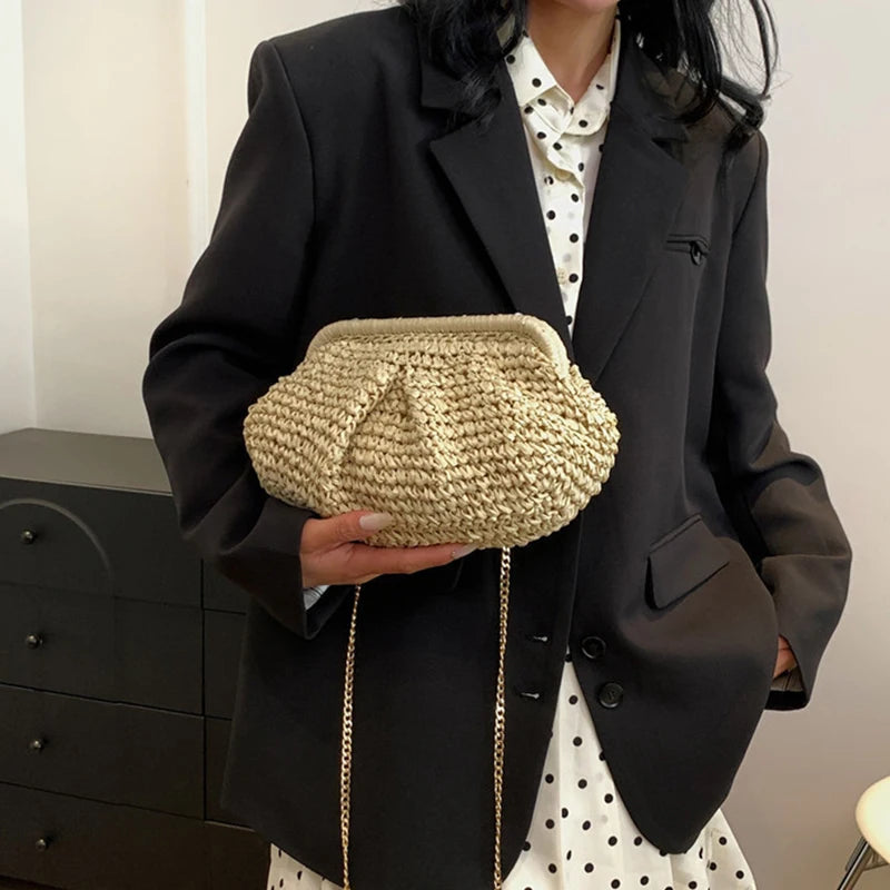 Bohemian Straw Dumpling Clutch Bag | Woven Straw Tote Purse for Women (Summer Beach Bag, Wicker Clutch) Luxegan