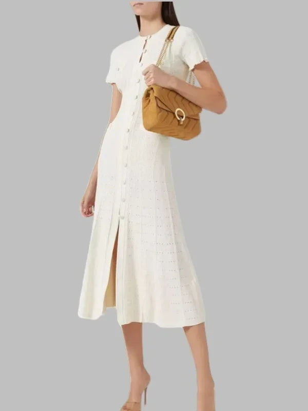 French Style Knitted Long Dress round Neck Hollow out Wooden Edge Skirt Elegant Autumn Luxury Women's Fashion One Piece Dress